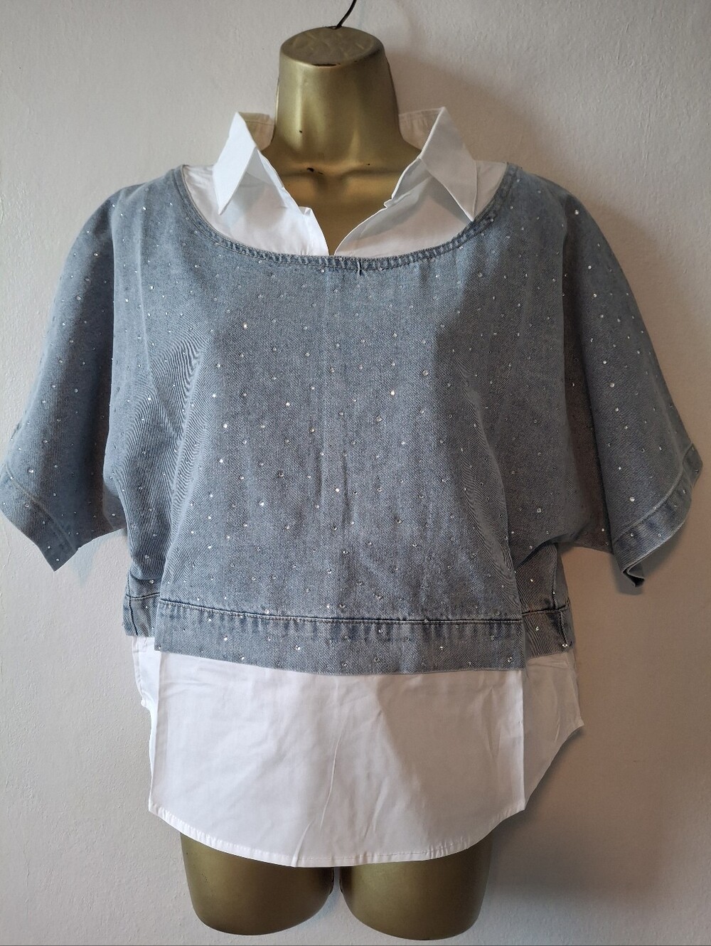' Layered Look Gray Rhinestone Denim Knit Top with White Shirt